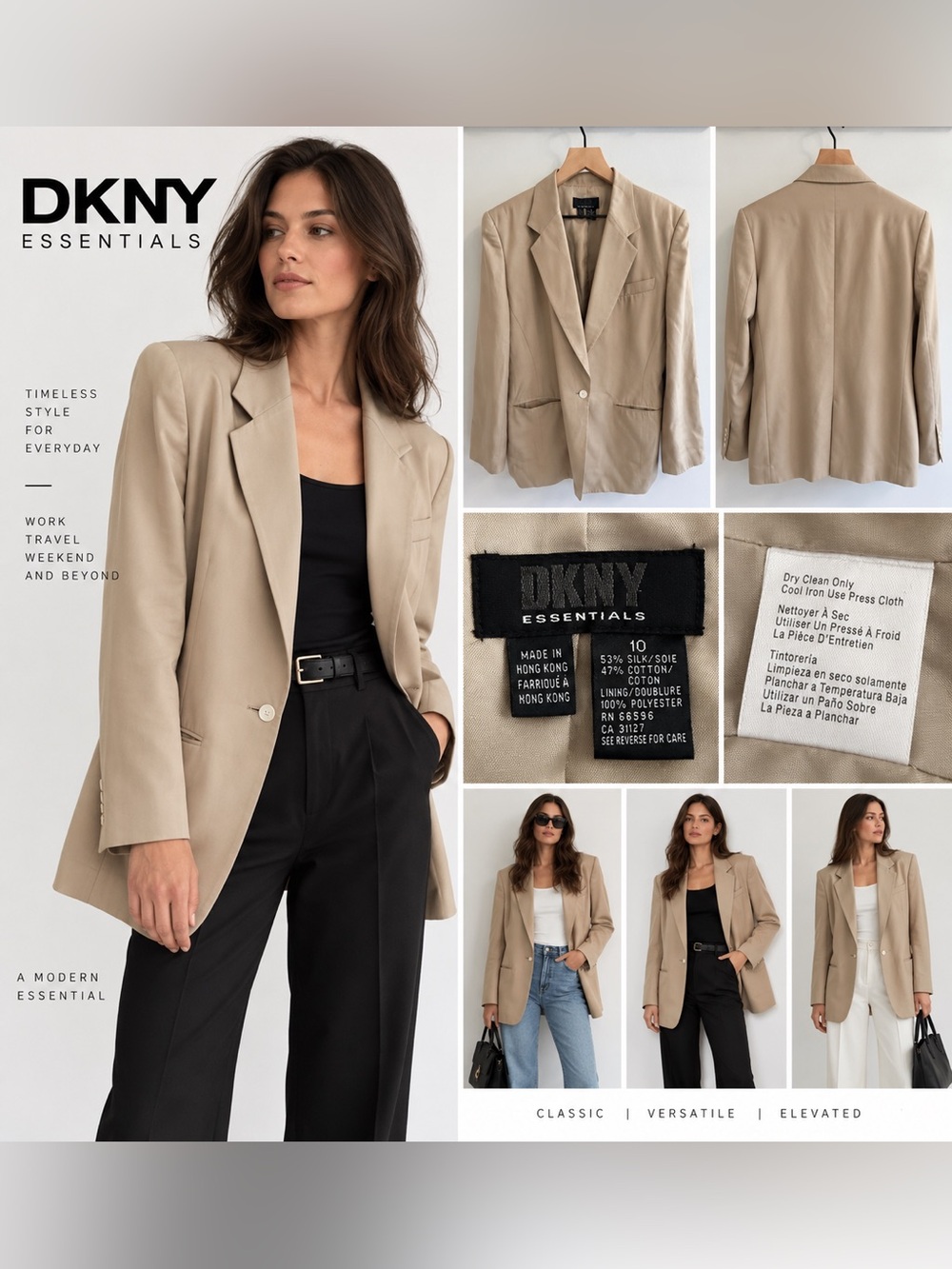 DKNY Essentials Silk Blend Beige Oversized Boyfriend Blazer Size 10